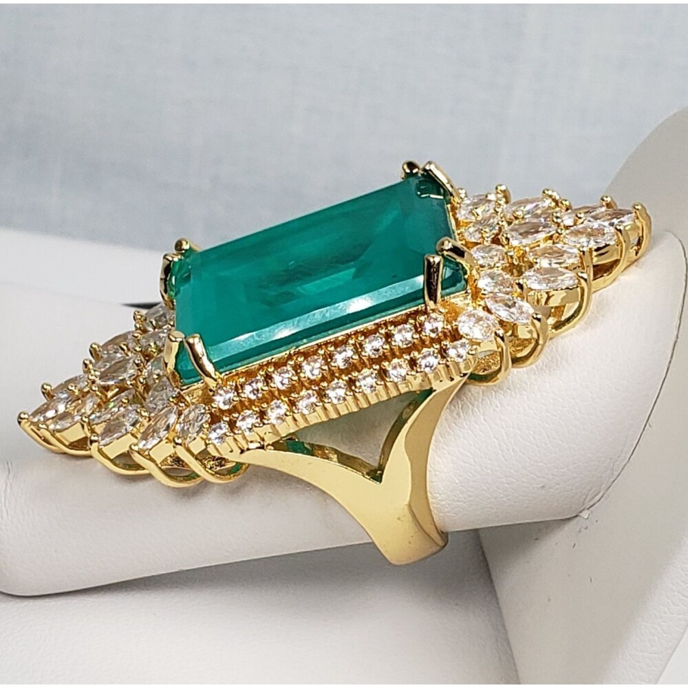 Signed Princess Doublet Natural Emerald with CZ 18KGL Size 9 Cocktail Ring - Picture 8 of 16